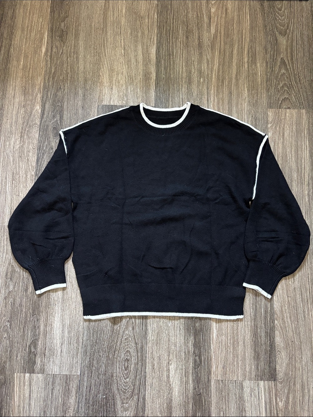 Women’s Black Crewneck Sweater with White Trim
